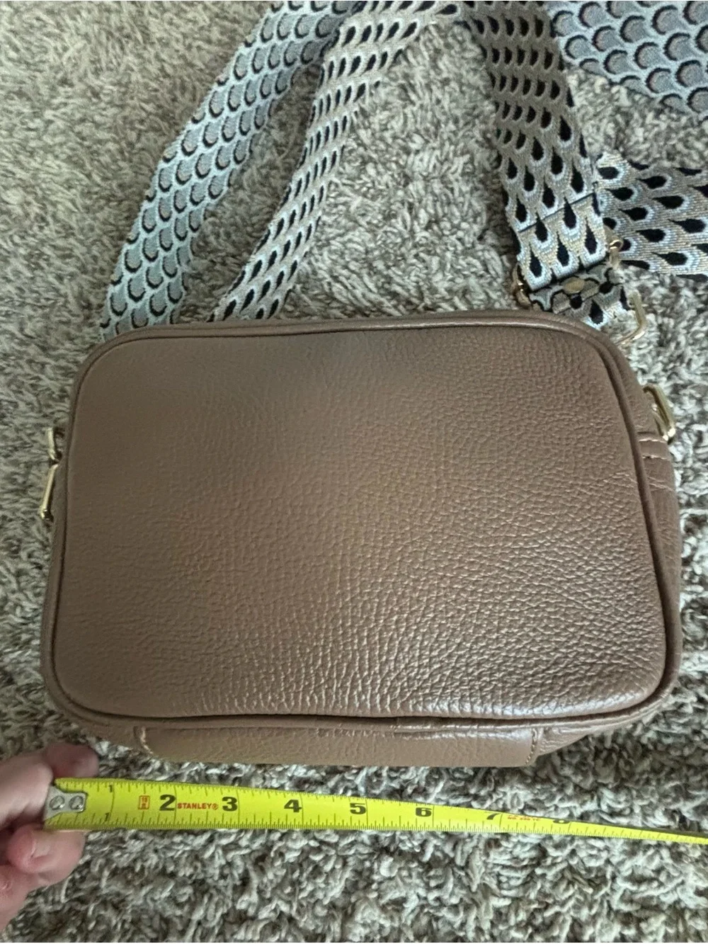 Everyday Crossbody Bag Pom Pom London Elie Beaumont  Taupe Patterned Strap nwot